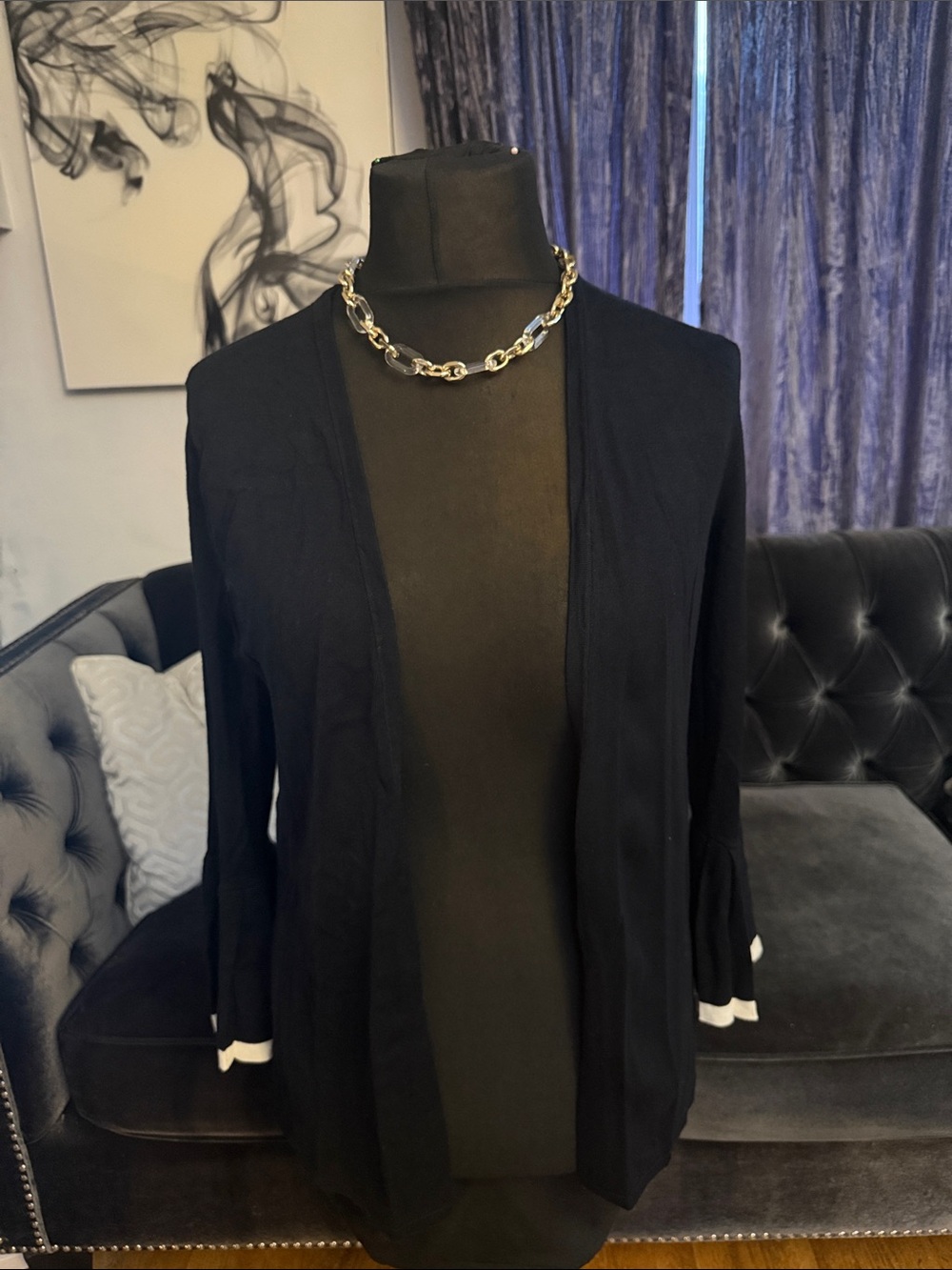 Charter Club Black Cardigan with White Label Detail